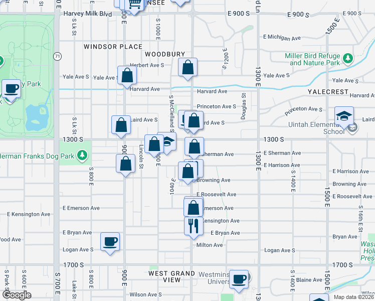map of restaurants, bars, coffee shops, grocery stores, and more near 1100 Sherman Avenue in Salt Lake City