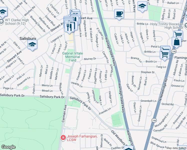 map of restaurants, bars, coffee shops, grocery stores, and more near 26 Flagstone Lane in Westbury