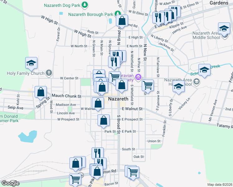 map of restaurants, bars, coffee shops, grocery stores, and more near 58 South Broad Street in Nazareth
