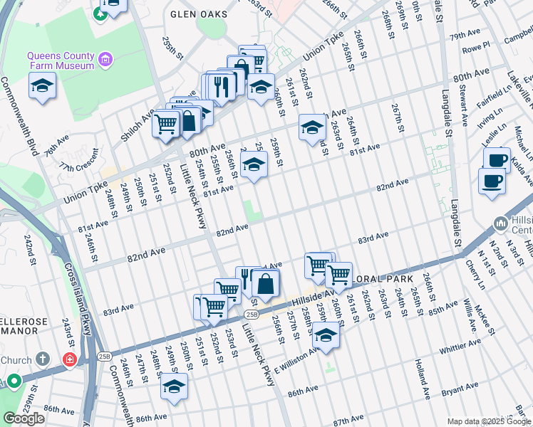 map of restaurants, bars, coffee shops, grocery stores, and more near 81-55 257th Street in Queens