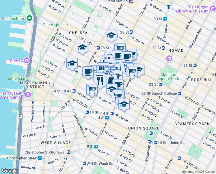 map of restaurants, bars, coffee shops, grocery stores, and more near in New York