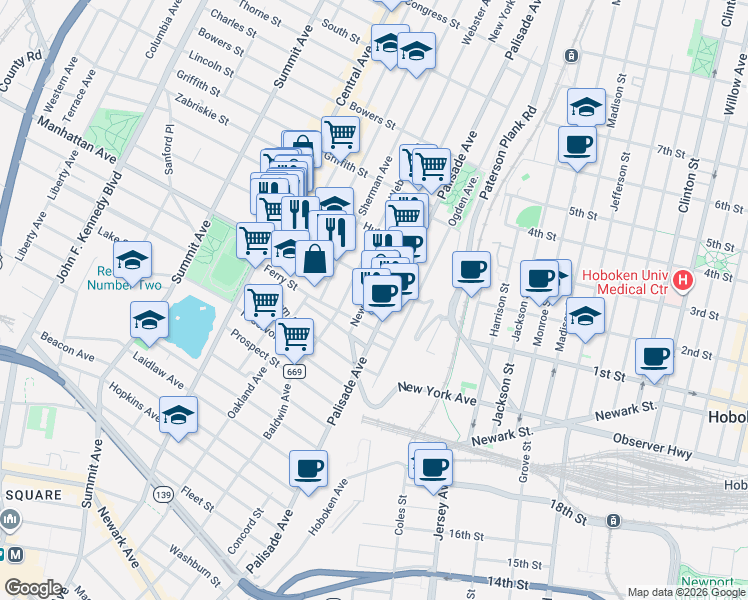 map of restaurants, bars, coffee shops, grocery stores, and more near 63 Franklin Street in Jersey City