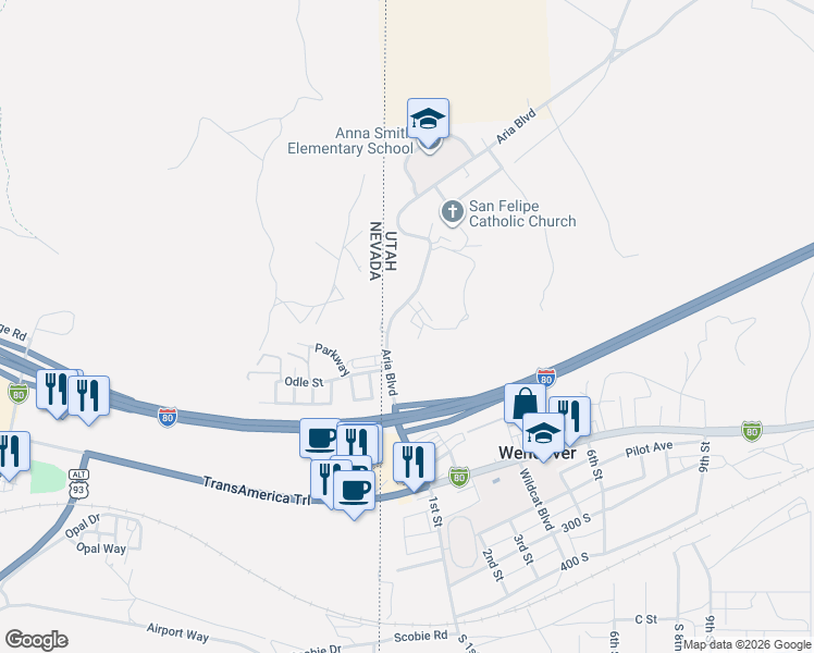 map of restaurants, bars, coffee shops, grocery stores, and more near 145 Gardenia Way in Wendover