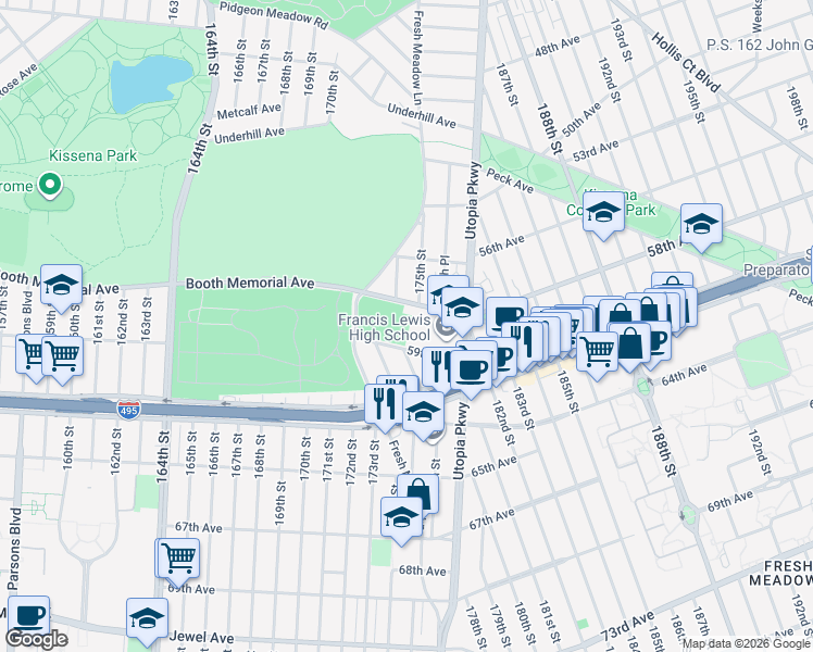 map of restaurants, bars, coffee shops, grocery stores, and more near 58-20 Utopia Parkway in Queens