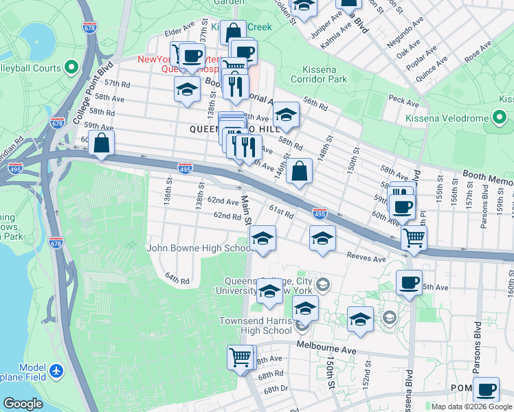 map of restaurants, bars, coffee shops, grocery stores, and more near 142-25 61st Road in Queens