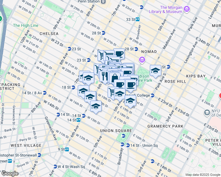 map of restaurants, bars, coffee shops, grocery stores, and more near 32 West 22nd Street in New York