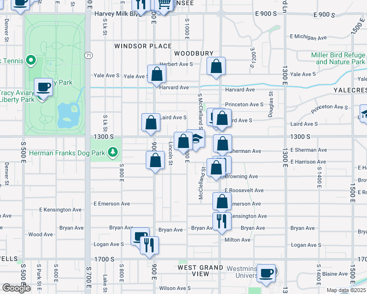 map of restaurants, bars, coffee shops, grocery stores, and more near 1326 South 1000 East in Salt Lake City