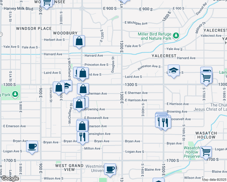 map of restaurants, bars, coffee shops, grocery stores, and more near 1261 East Sherman Avenue in Salt Lake City