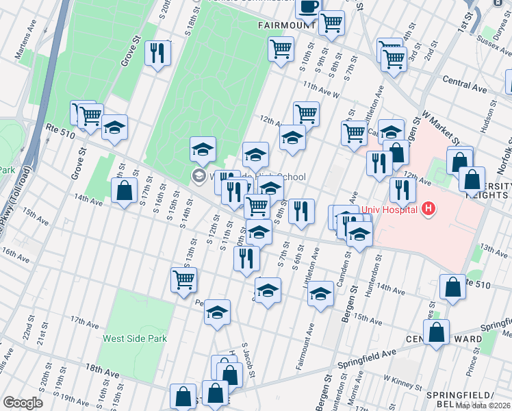 map of restaurants, bars, coffee shops, grocery stores, and more near 329 South 10th Street in Newark