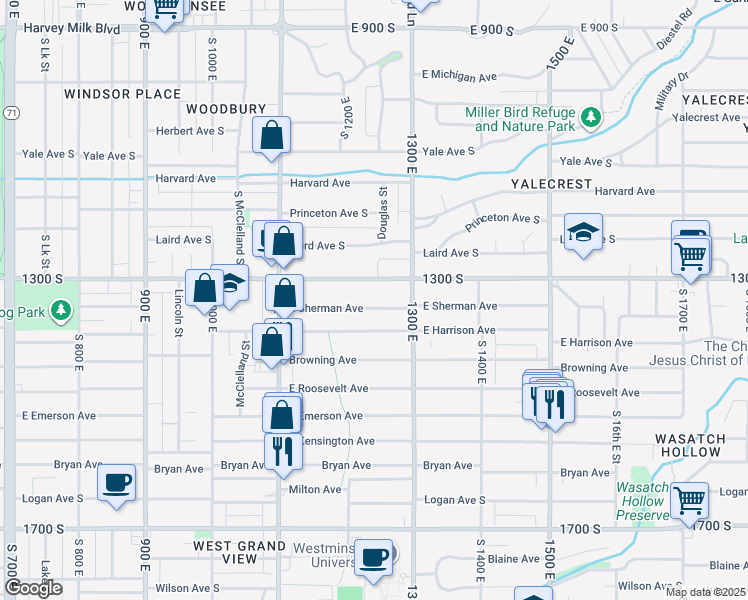 map of restaurants, bars, coffee shops, grocery stores, and more near 1233 Sherman Avenue in Salt Lake City