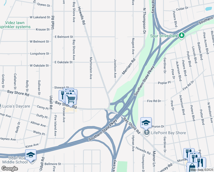map of restaurants, bars, coffee shops, grocery stores, and more near 1020 Howells Road in Bay Shore