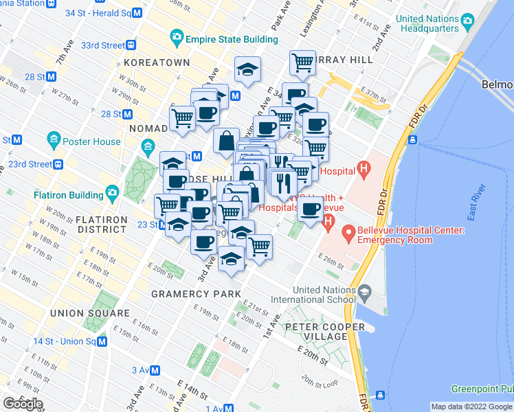 map of restaurants, bars, coffee shops, grocery stores, and more near 216 East 28th Street in New York