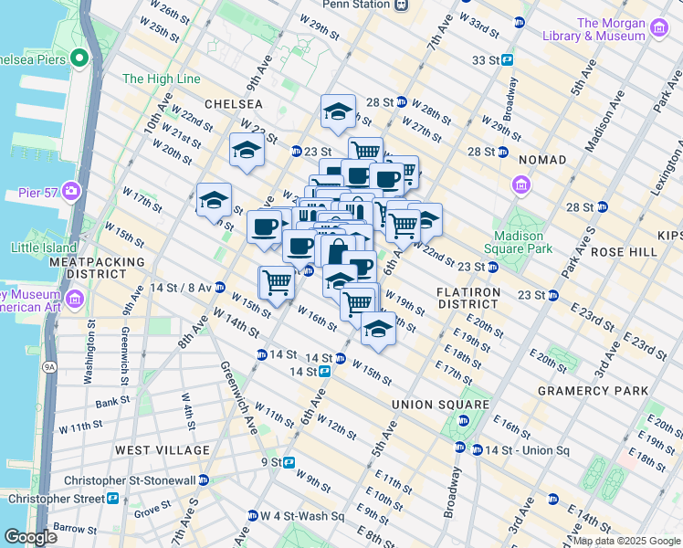 map of restaurants, bars, coffee shops, grocery stores, and more near in New York