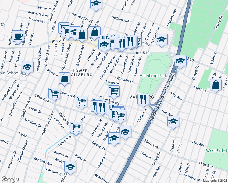 map of restaurants, bars, coffee shops, grocery stores, and more near 10 Carolina Avenue in Newark