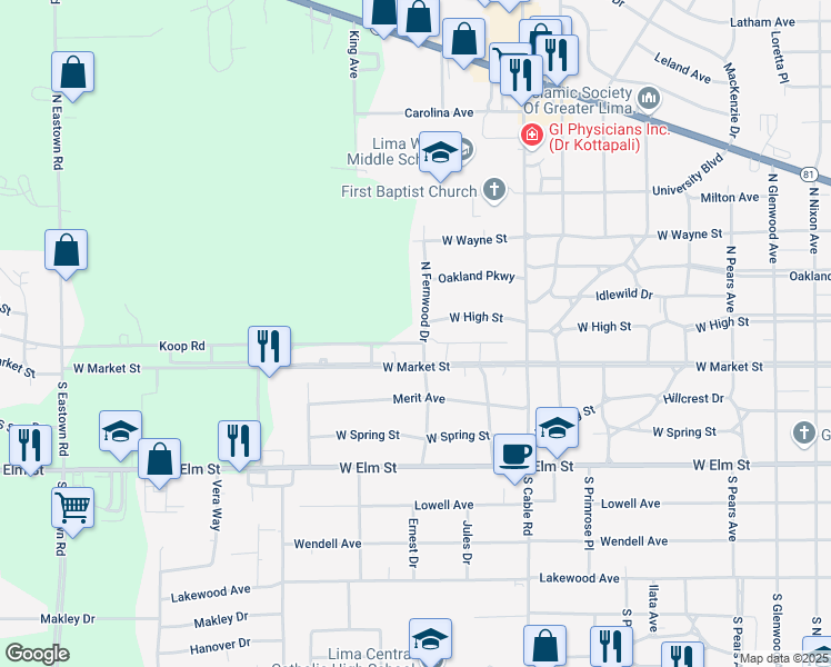 map of restaurants, bars, coffee shops, grocery stores, and more near 255 N Fernwood Dr in Lima
