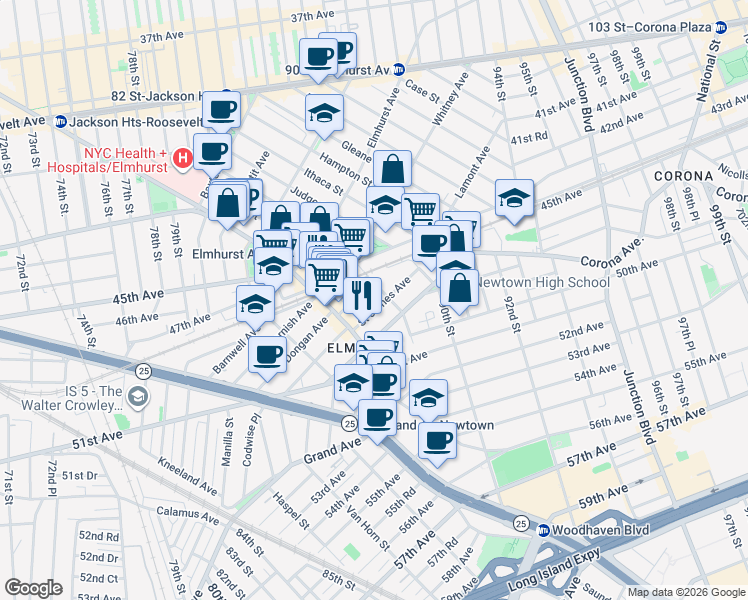 map of restaurants, bars, coffee shops, grocery stores, and more near 8645 Saint James Avenue in Queens