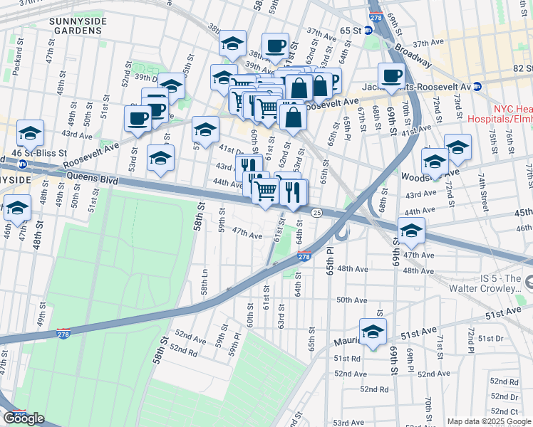 map of restaurants, bars, coffee shops, grocery stores, and more near in Queens