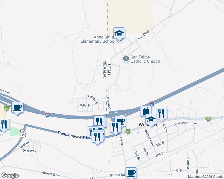 map of restaurants, bars, coffee shops, grocery stores, and more near 370 Aria Boulevard in Wendover