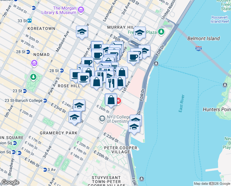 map of restaurants, bars, coffee shops, grocery stores, and more near 349 East 29th Street in New York