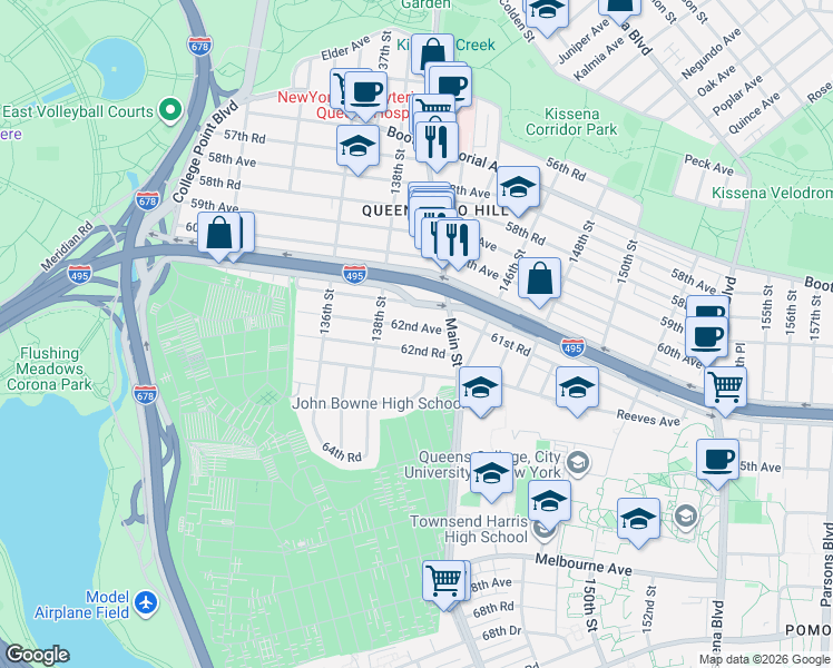 map of restaurants, bars, coffee shops, grocery stores, and more near 138-25 62nd Avenue in Queens