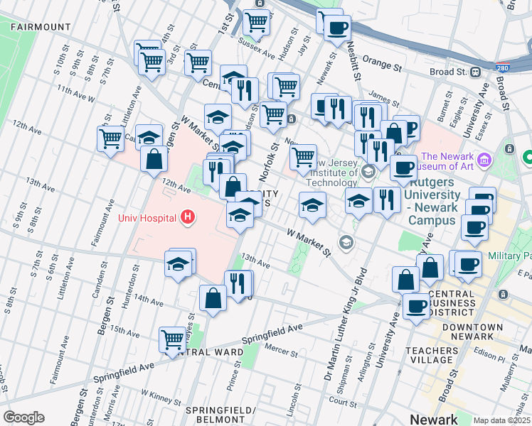 map of restaurants, bars, coffee shops, grocery stores, and more near 51 Marrow Street in Newark