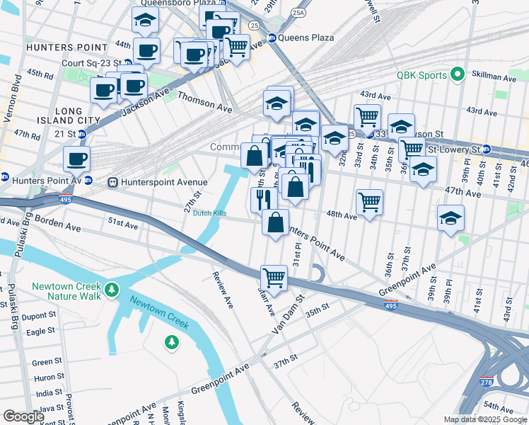 map of restaurants, bars, coffee shops, grocery stores, and more near 47-17 30th Street in Queens