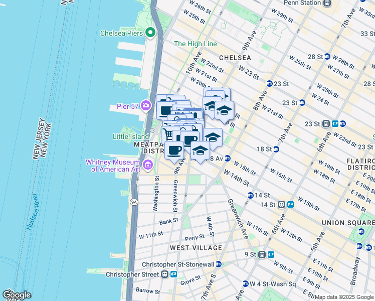 map of restaurants, bars, coffee shops, grocery stores, and more near 9th Ave & W 14th St in New York