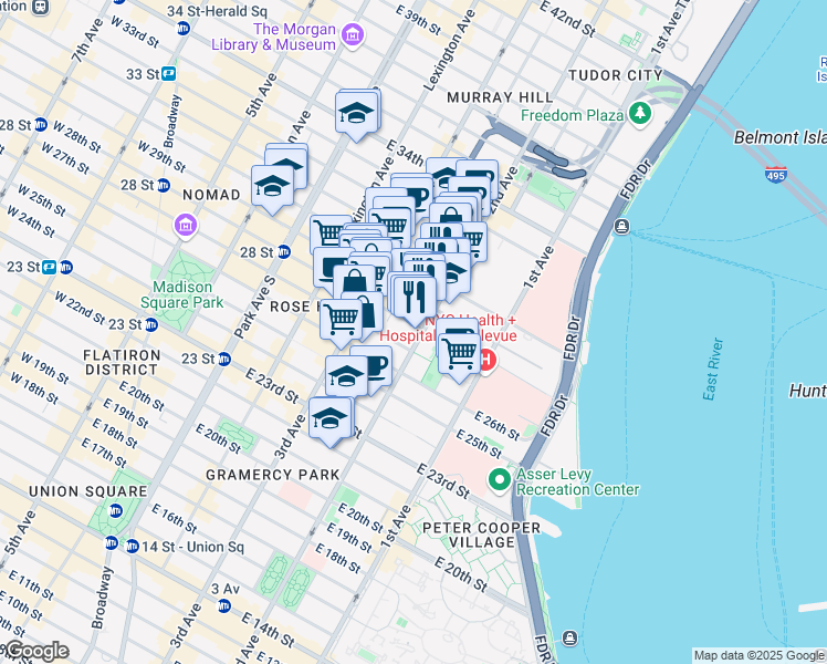 map of restaurants, bars, coffee shops, grocery stores, and more near 493 2nd Avenue in New York