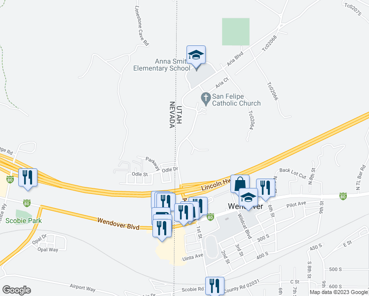 map of restaurants, bars, coffee shops, grocery stores, and more near 370 Aria Boulevard in Wendover