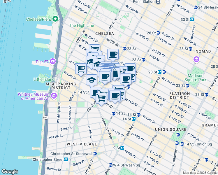 map of restaurants, bars, coffee shops, grocery stores, and more near 128 8th Avenue in New York