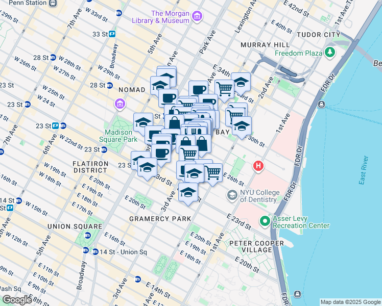 map of restaurants, bars, coffee shops, grocery stores, and more near 360 3rd Avenue in New York