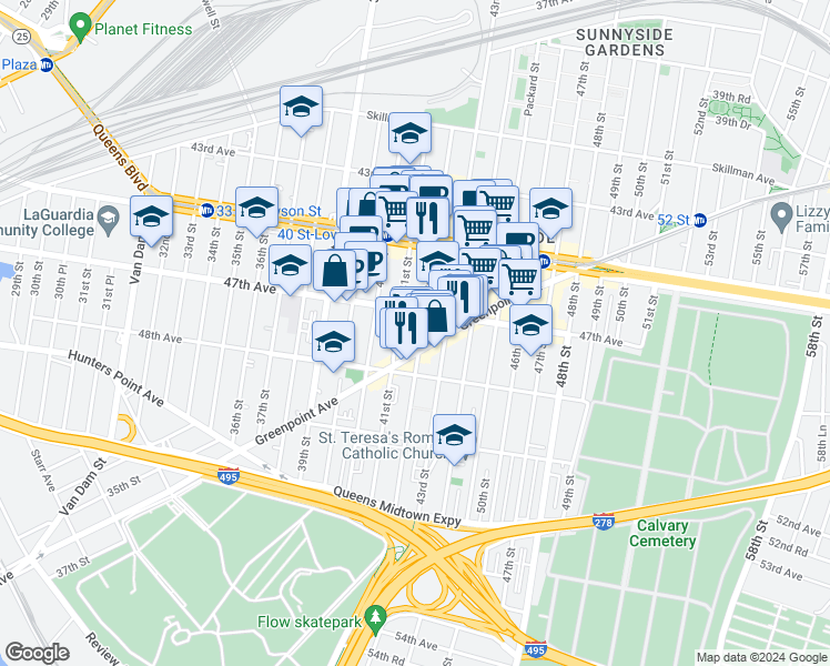map of restaurants, bars, coffee shops, grocery stores, and more near 47-20 42nd Street in Queens