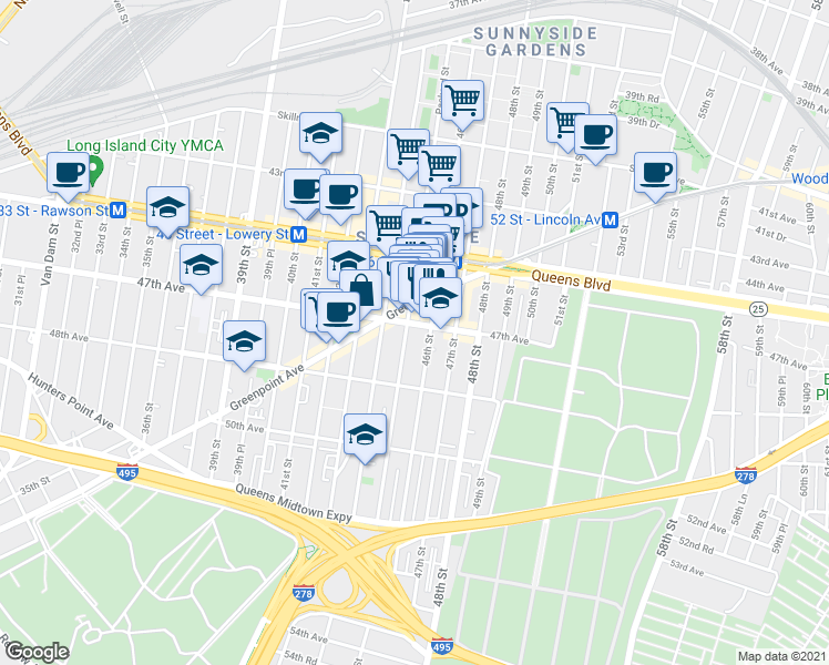 map of restaurants, bars, coffee shops, grocery stores, and more near 47-05 45th Street in Woodside