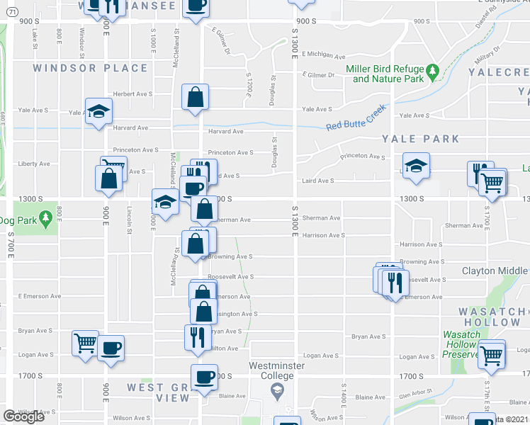 map of restaurants, bars, coffee shops, grocery stores, and more near 1272 East 1300 South in Salt Lake City