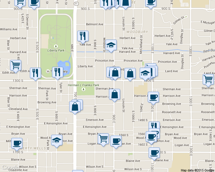 map of restaurants, bars, coffee shops, grocery stores, and more near 834 East 1300 South in Salt Lake City
