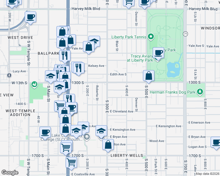map of restaurants, bars, coffee shops, grocery stores, and more near 316 East 1300 South in Salt Lake City