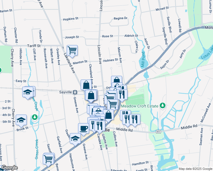 map of restaurants, bars, coffee shops, grocery stores, and more near 115 Lincoln Avenue in Sayville