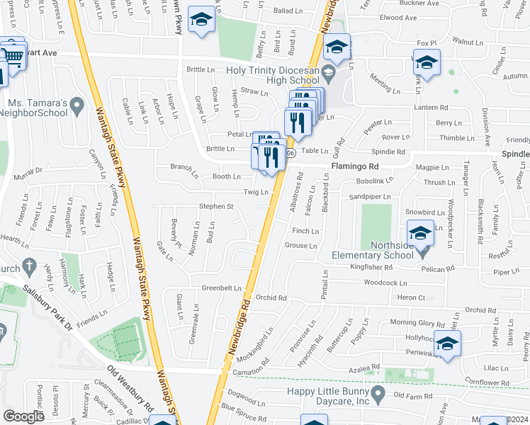 map of restaurants, bars, coffee shops, grocery stores, and more near 682 North Newbridge Road in Levittown