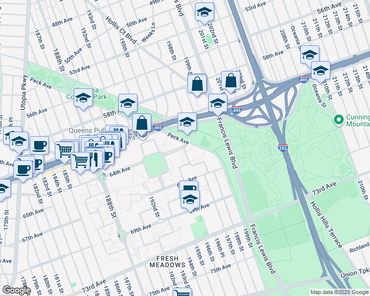 map of restaurants, bars, coffee shops, grocery stores, and more near 195-60A Peck Avenue in Queens