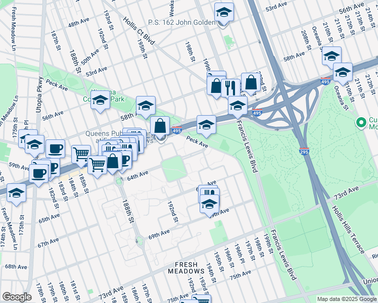 map of restaurants, bars, coffee shops, grocery stores, and more near 195-20 Peck Avenue in Queens