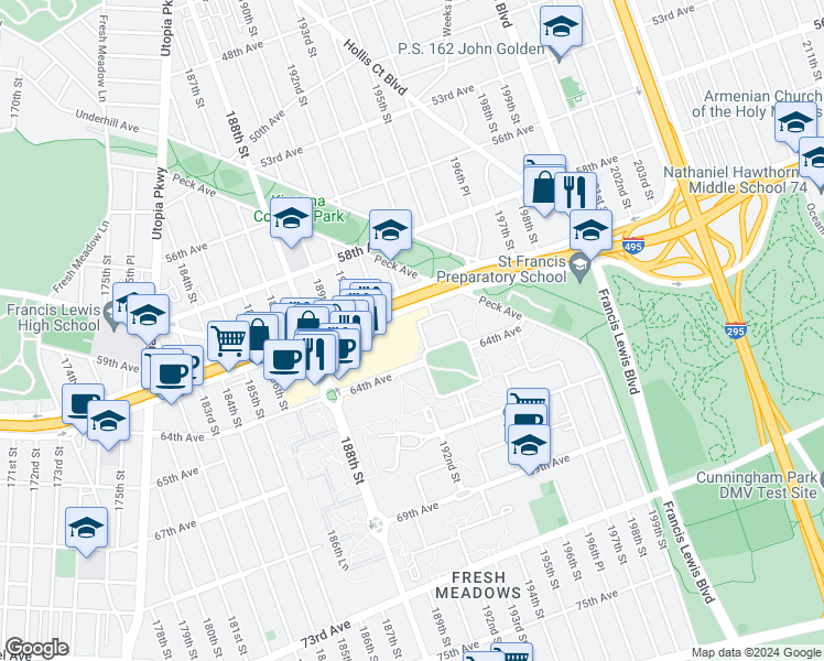 map of restaurants, bars, coffee shops, grocery stores, and more near 60-5F 194th Street in Queens