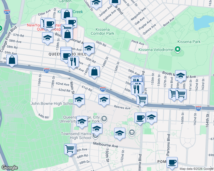 map of restaurants, bars, coffee shops, grocery stores, and more near 148-53 60th Avenue in Queens