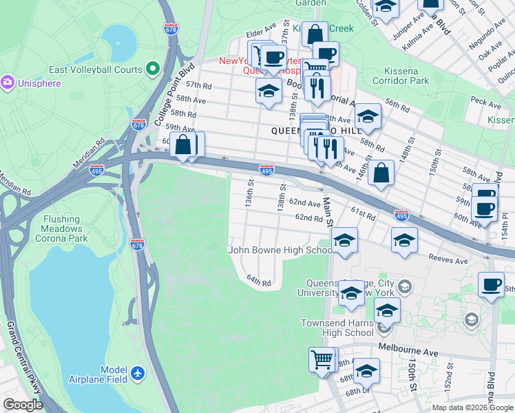 map of restaurants, bars, coffee shops, grocery stores, and more near 135-30 62nd Avenue in Queens