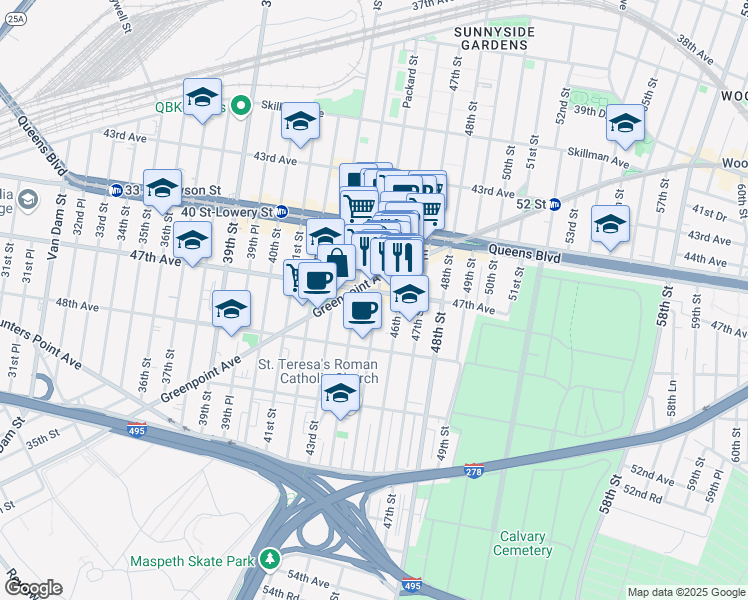 map of restaurants, bars, coffee shops, grocery stores, and more near 44-22 Greenpoint Avenue in Queens