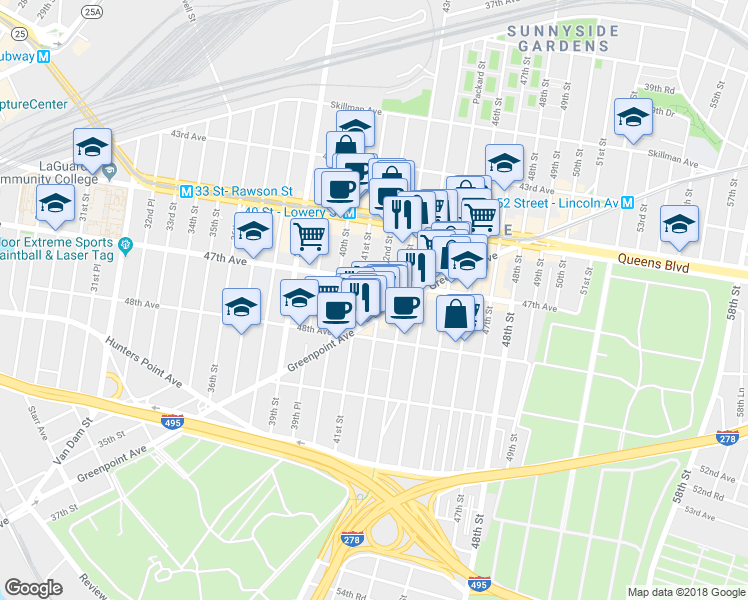 map of restaurants, bars, coffee shops, grocery stores, and more near 41-16 47th Avenue in Queens