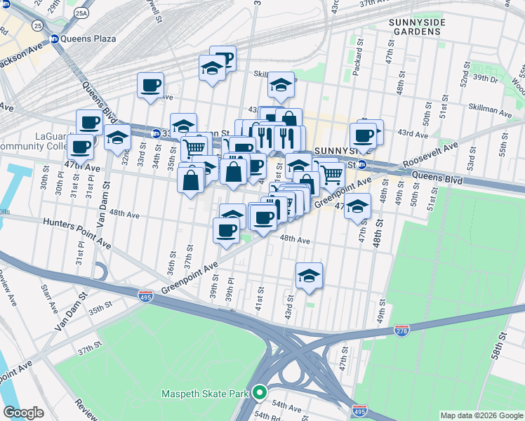map of restaurants, bars, coffee shops, grocery stores, and more near 40-04 47th Avenue in Queens