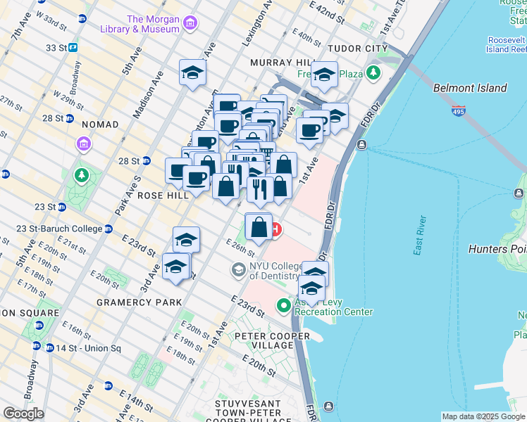 map of restaurants, bars, coffee shops, grocery stores, and more near 323 East 29th Street in New York