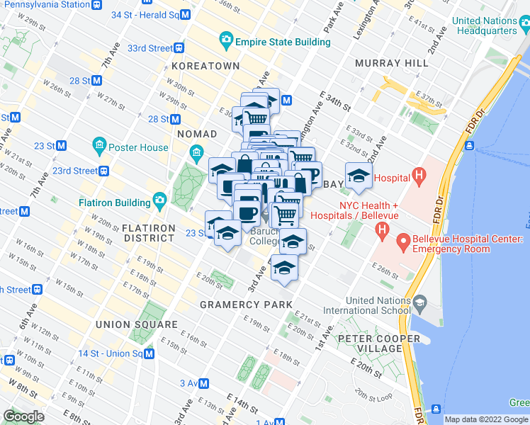 map of restaurants, bars, coffee shops, grocery stores, and more near 68 Lexington Avenue in New York
