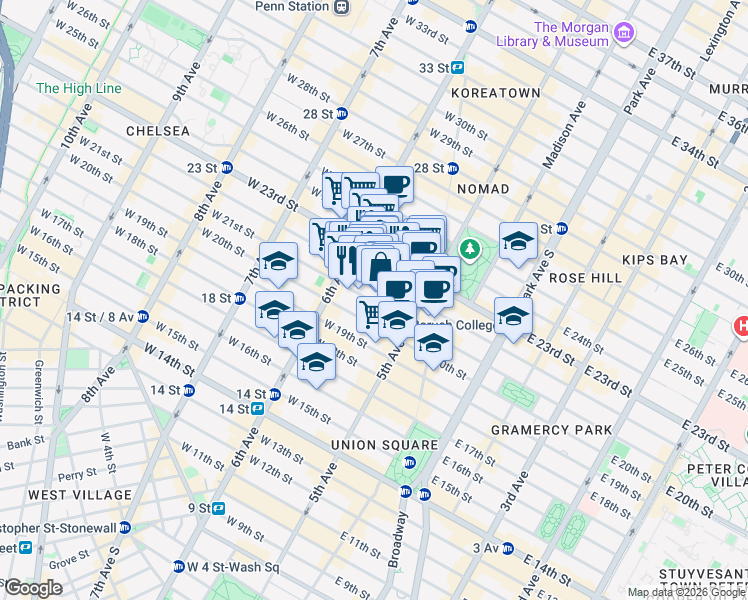 map of restaurants, bars, coffee shops, grocery stores, and more near 32 West 22nd Street in New York