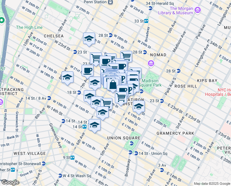 map of restaurants, bars, coffee shops, grocery stores, and more near 54 West 21st Street in New York
